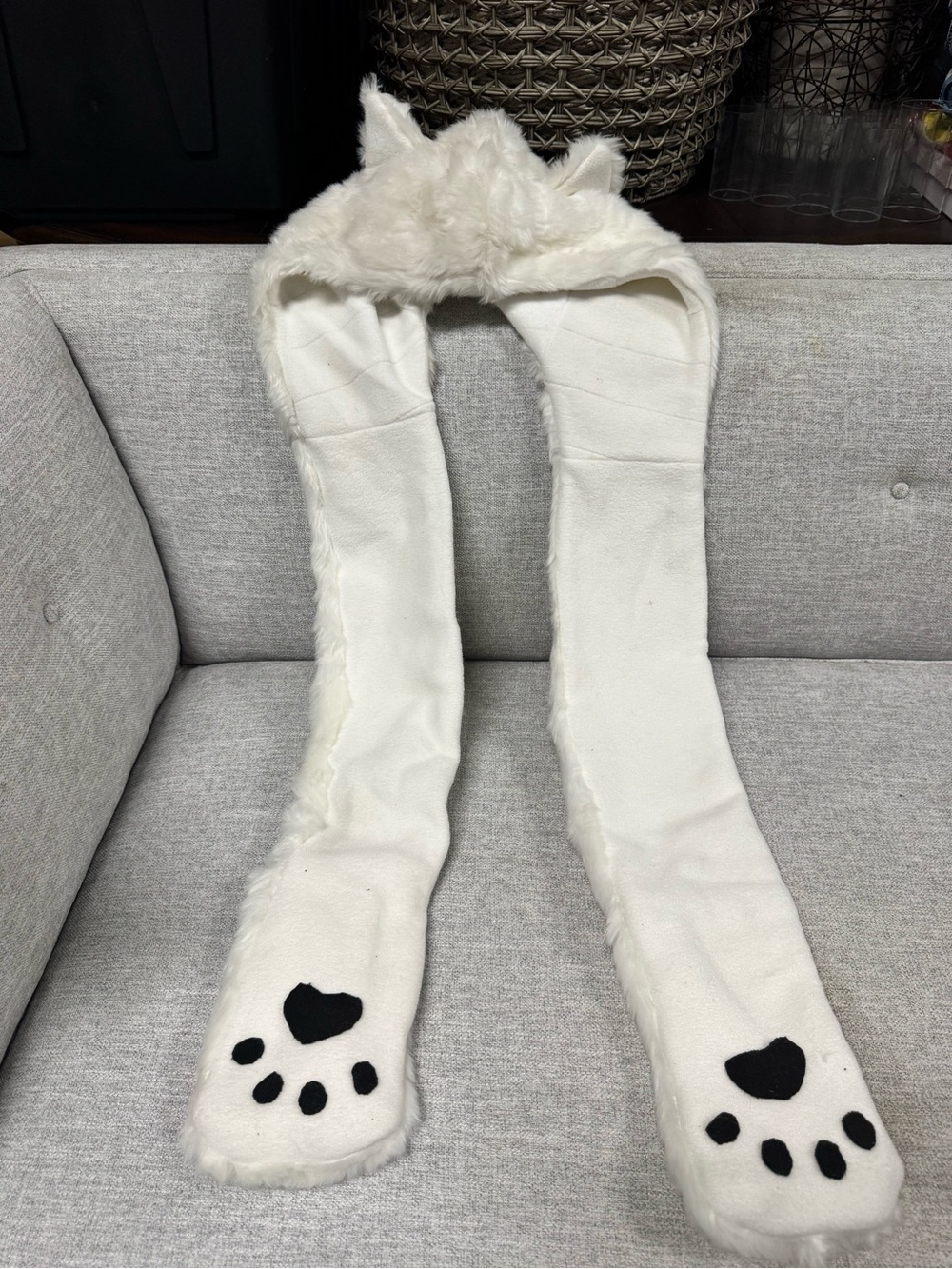 White Faux Fur Animal Hood with Paw Mitts